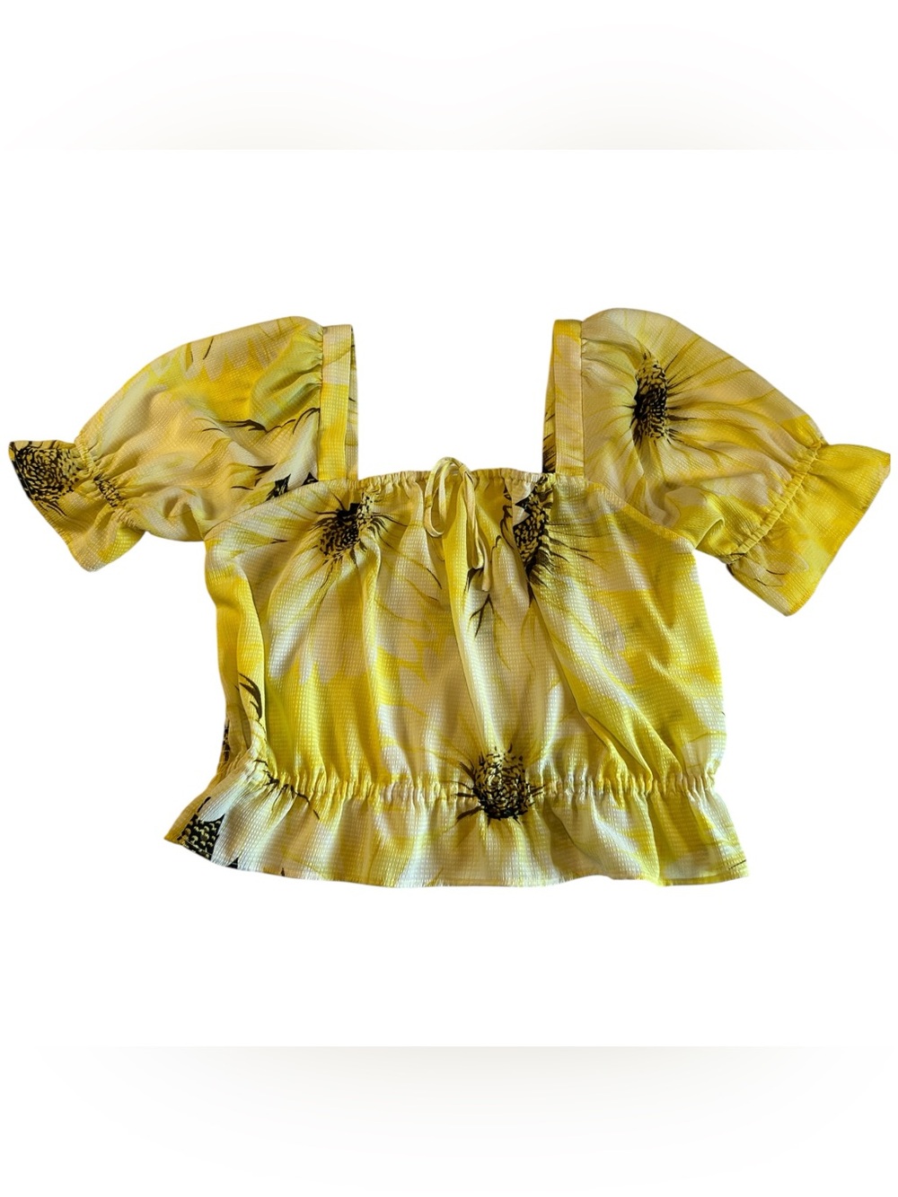 H&M Yellow Sunflower Puff-Sleeve Crop Top - Size Large